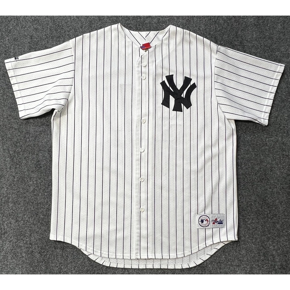 Majestic New York Yankees Baseball Jersey XL White Blue Pinstripe #51 Vintage